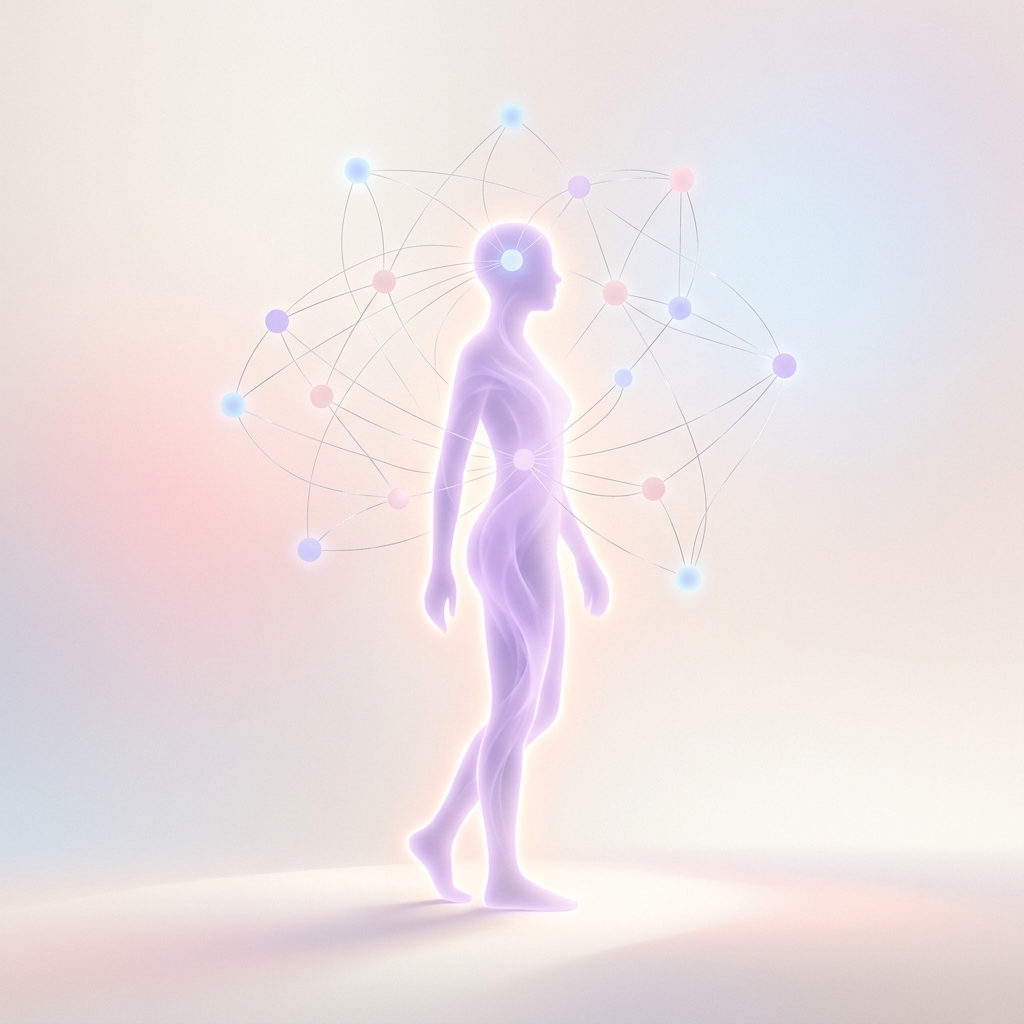 Abstract representation of emotional wellness and self-growth — glowing silhouette with mind connections